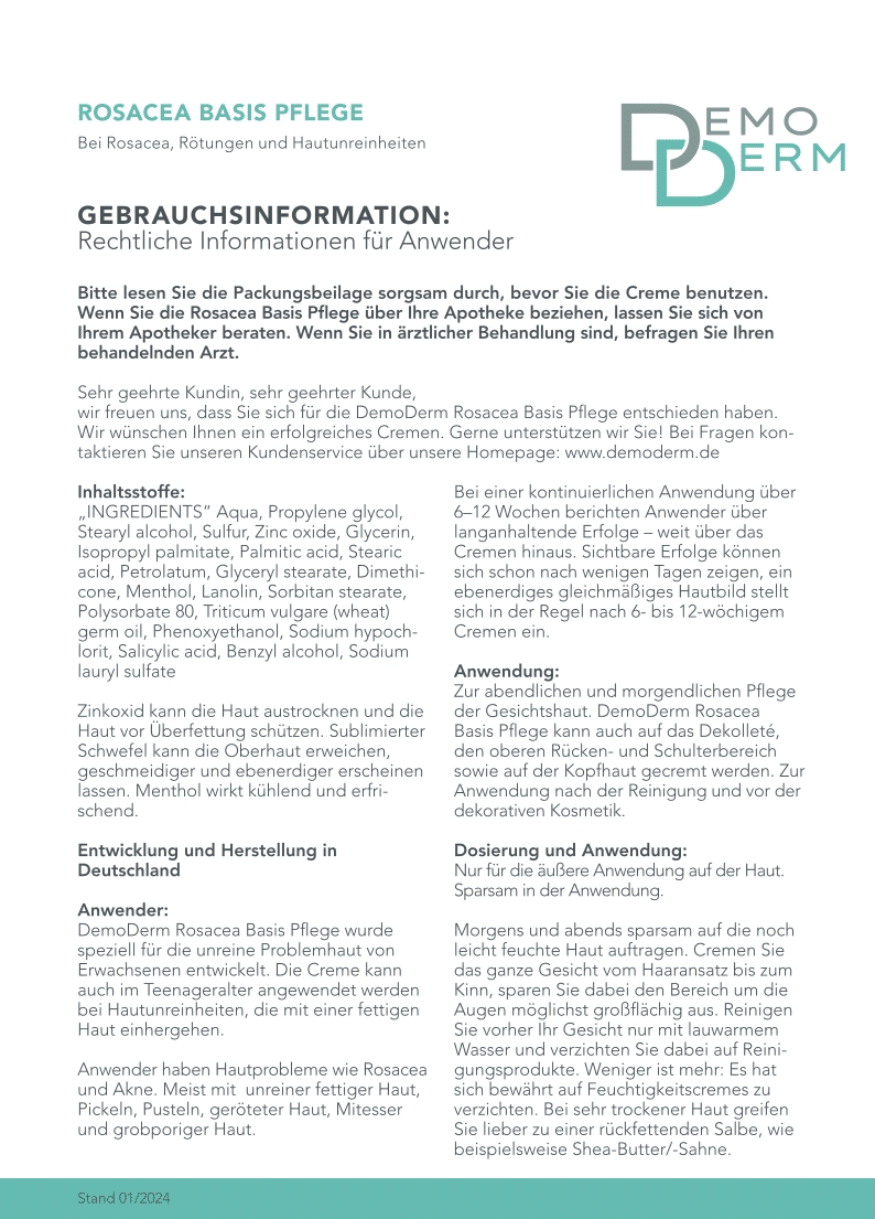 Beipackzettel DemoDerm Rosacea Basis Pflege